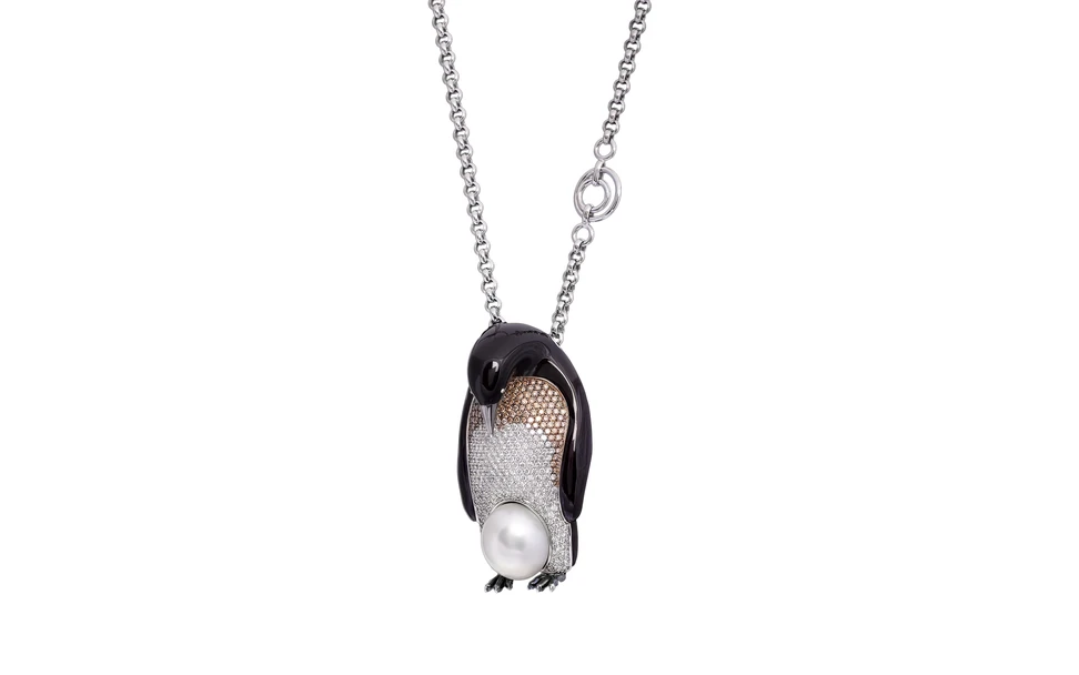 <p>Elena Semy Jewellery Penguin pendant with 4.45 carats of white and light brown diamonds, black enamel and a 21.8 carat South Sea pearl in 18k white gold </p>
