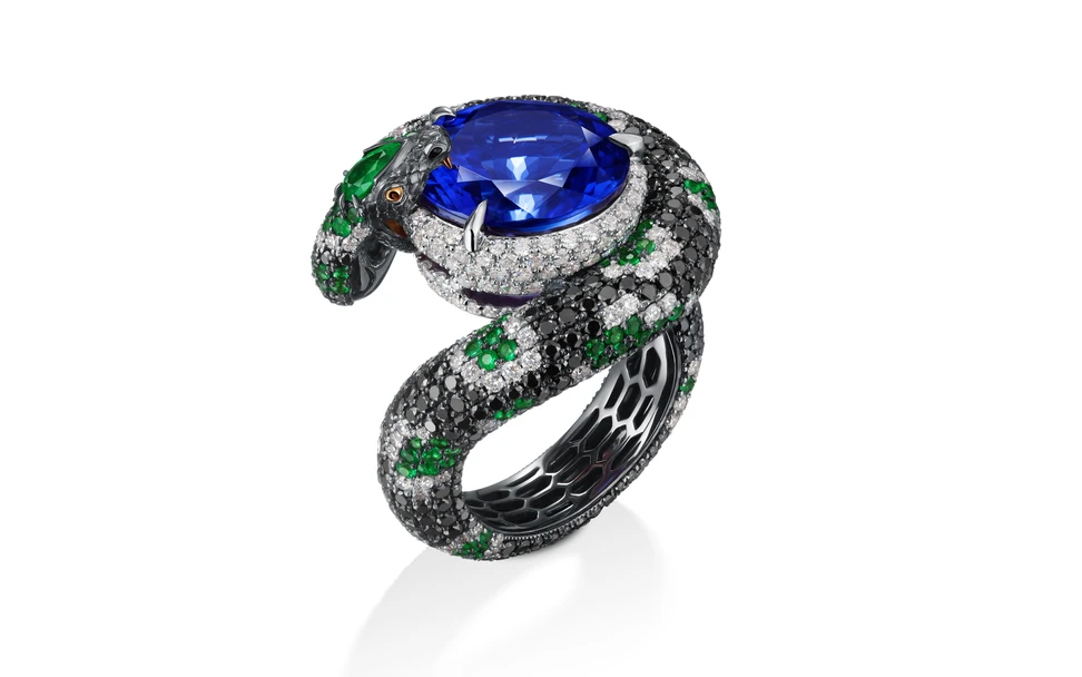 <p>Elena Semy Jewellery &#8216;Semy Classic&#8217; ring with a 9.87 carat tanzanite, 2.95 carats of black diamonds, 1.73 carats of white diamonds, and 1.14 carats of emeralds in 18k white gold</p>
