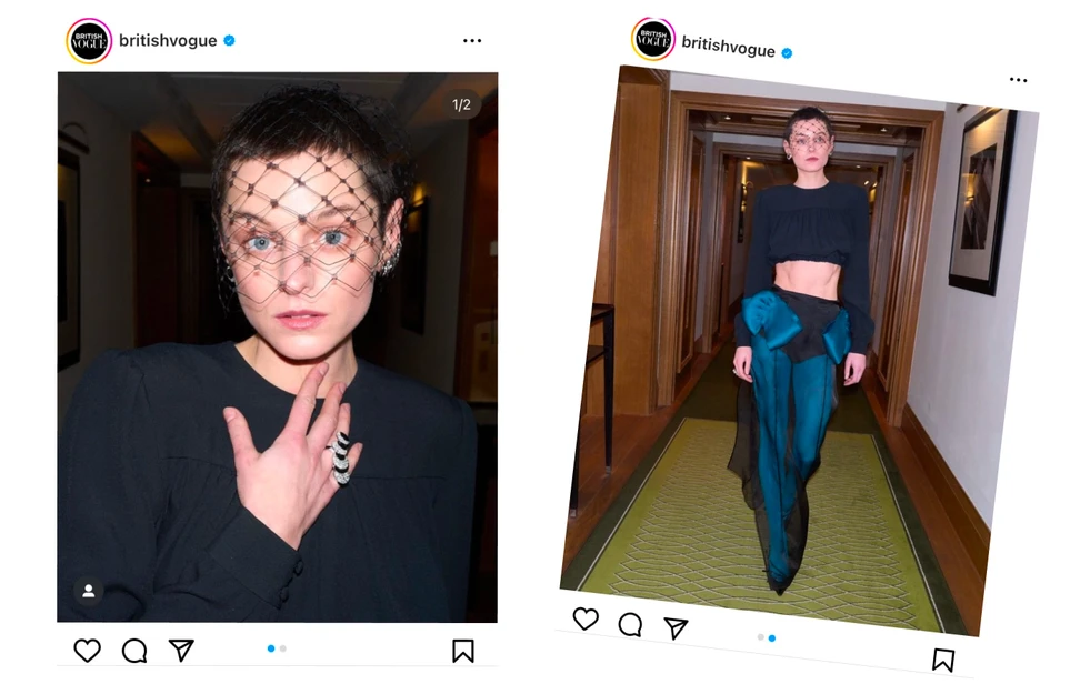 <p>Emma Corrin wearing white gold, onyx and diamond earrings and ring by Cartier</p>
