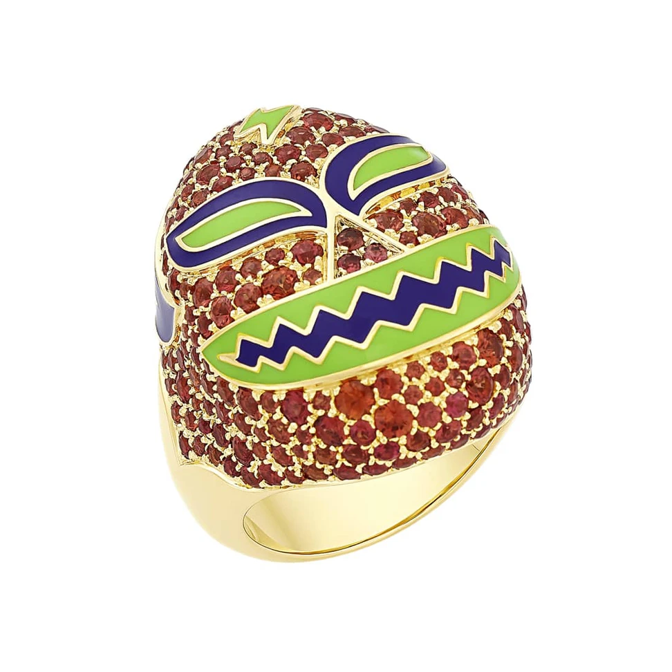 <p>Francesca Villa Mankind Wrestler Mask ring in gold, inamel and ruby</p>
