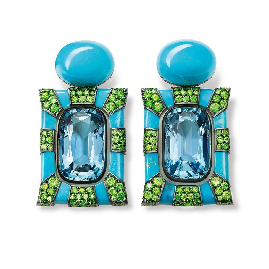 <p>HEMMERLE earrings &#8211; aquamarines, turquoises, demantoid garnets</p>
