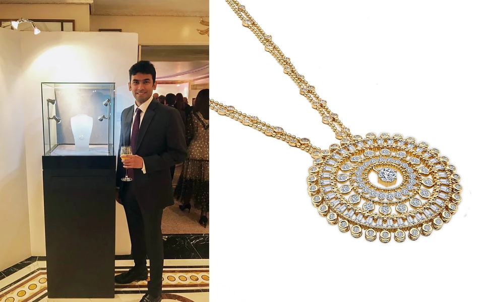 <p>Harakh Mehta with the Harakh &#8216;Sunlight&#8217; necklace with diamonds in yellow gold</p>
