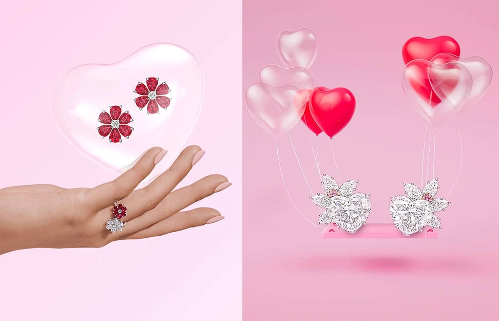 <p>Harry Winston Forget-Me-Not earrings and ring in white gold, rubies, diamonds and Magificent Heart-Shaped Diamond Stud earrings in white gold and diamond</p>