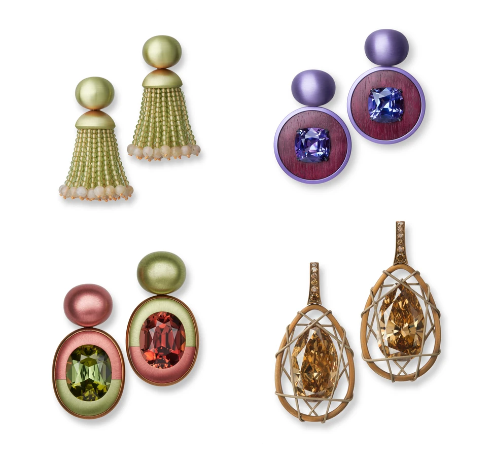 <p>Hemmerle earrings to be presented at TEFAF Maastricht 2025 set with (clockwise from left) agates and peridots in white gold, 25 carats of tanzanites in aluminium and white gold, fancy deep brown-yellow diamonds weighing more than  21.8 carats in bronze and white gold, and more than 50 carats of tourmalines in aluminium, bronze and white gold </p>
