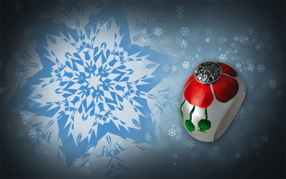 <p>ILGIZ F. White gold ring with black diamonds and enamel</p>