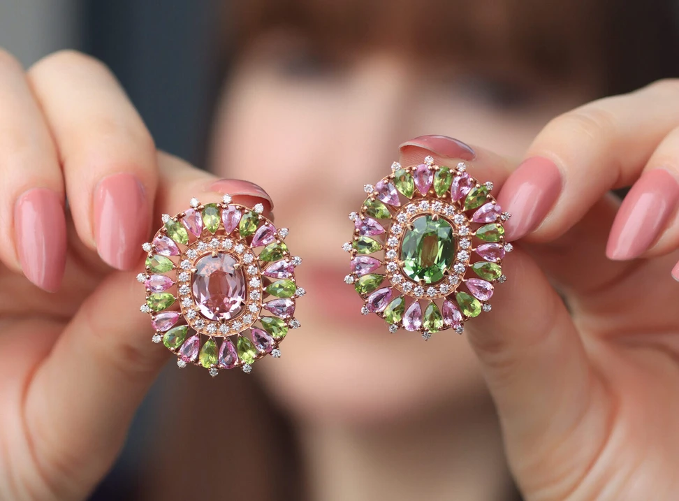 <p>Zome Jewellery Candy Crush asymmetric earrings from the Anthia collection with 6 carats of tourmalines, 3 carats of pink sapphires, 3.5 carats of peridot and 1.3 carats of diamonds set in 18k rose gold </p>