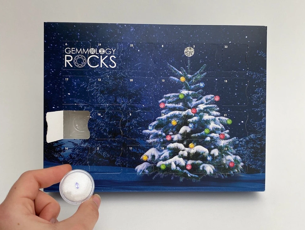 <p>The Gemmology Rocks Advent Calendar opened, revealing a gemstone from within</p>