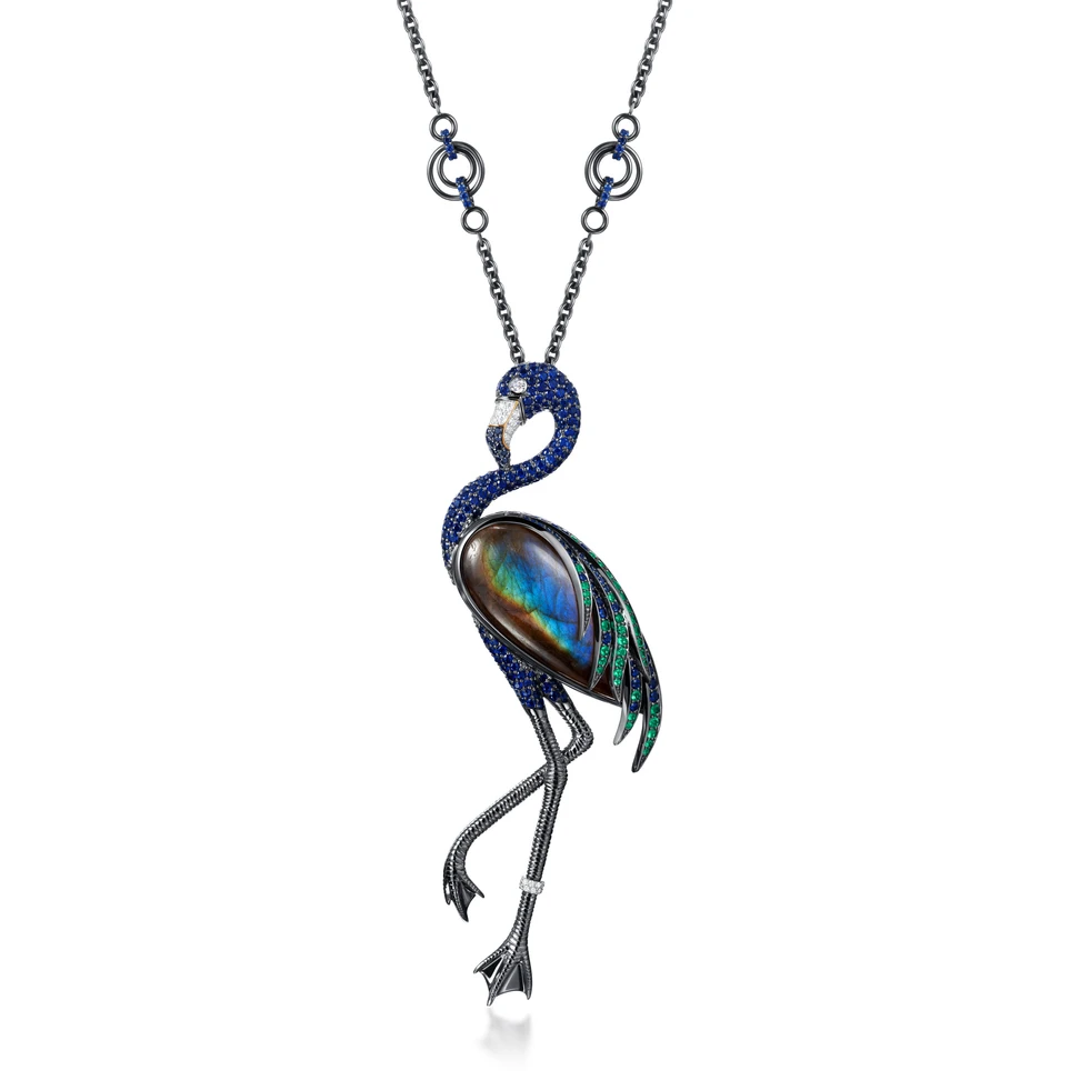 <p>Elena Semy Jewellery Flamingo pendant necklace with 4.29 carats of blue sapphires, emeralds, black diamonds, white diamonds and 25.18 carats of labradorite in 18k gold </p>
