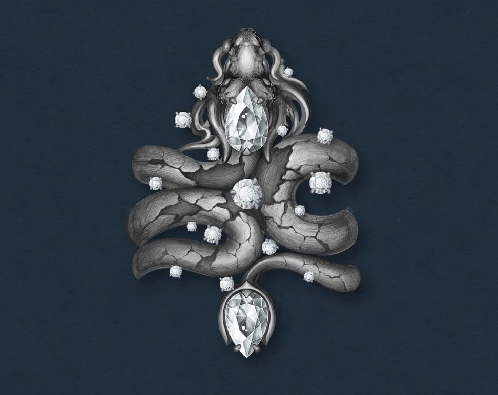<p>Ichien concept drawing for a snake-inspired ring with pear-shaped diamonds and round brilliant-cut diamonds in blackened precious metal</p>

