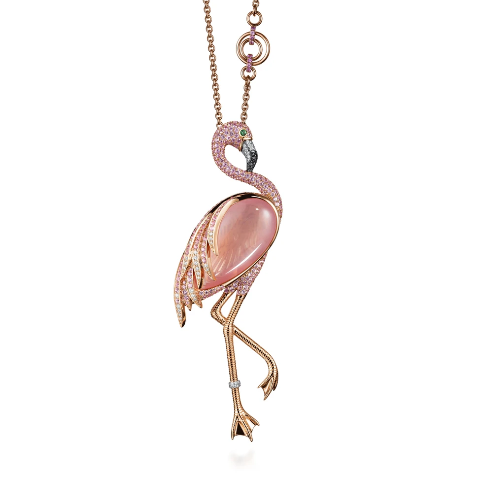 <p>Elena Semy Jewellery Flamingo pendant necklace with 33.4 carats of pink moon quartz, 238 pink sapphires for a total weight of 4.05 carats, emeralds, black diamonds and white diamonds, set in 18k pink gold </p>

