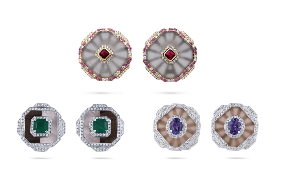 <p>Karina Choudhrie Icon Rock earrings with different combinations of rock crystal, diamonds and coloured gemstones in 18k gold </p>