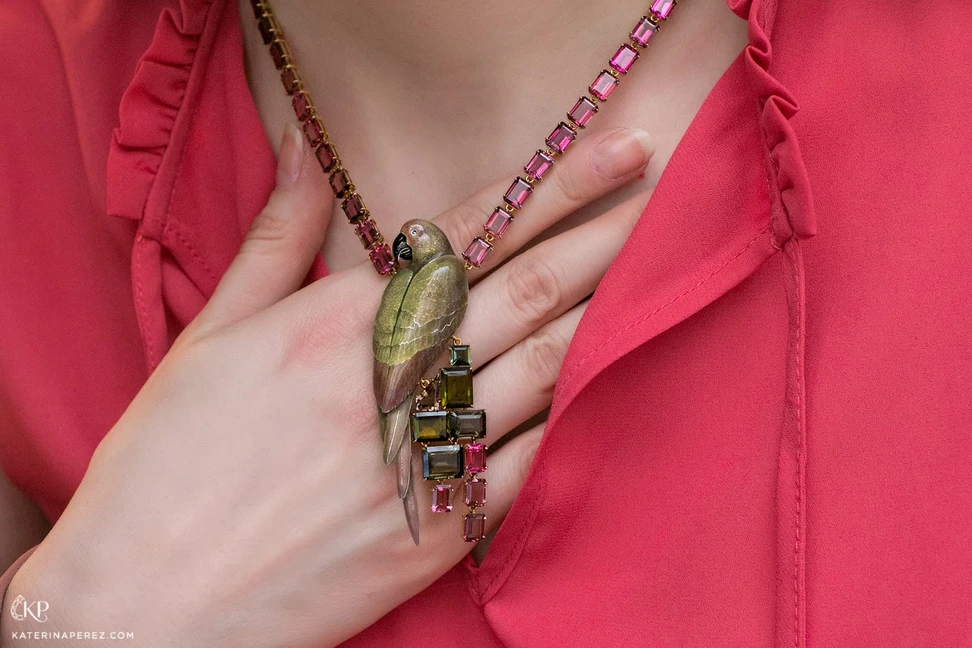 <p>Ilgiz F. ‘Parrot’ necklace with 93.74ct tourmalines, diamonds and enamel in 18k yellow gold</p>