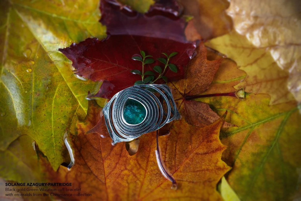 <p>Solange Azagury-Partridge cuff bracelet with emeralds</p>