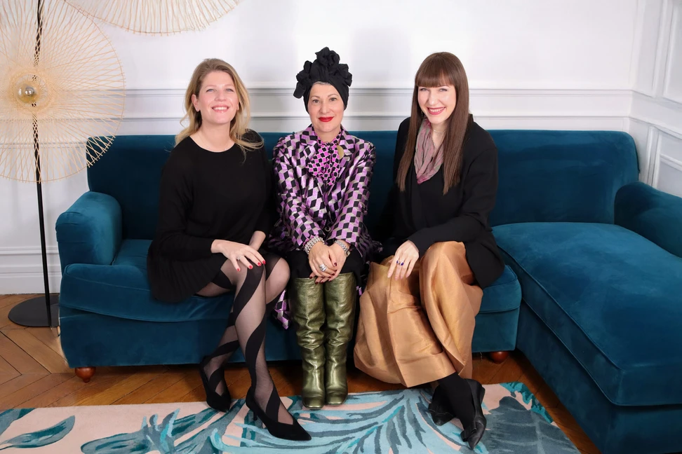 <p>Katerina with Emily in Paris Costume Designer Marylin Fitoussi (centre) and Caroline Simon, founder of Sparkles & Bubbles</p>