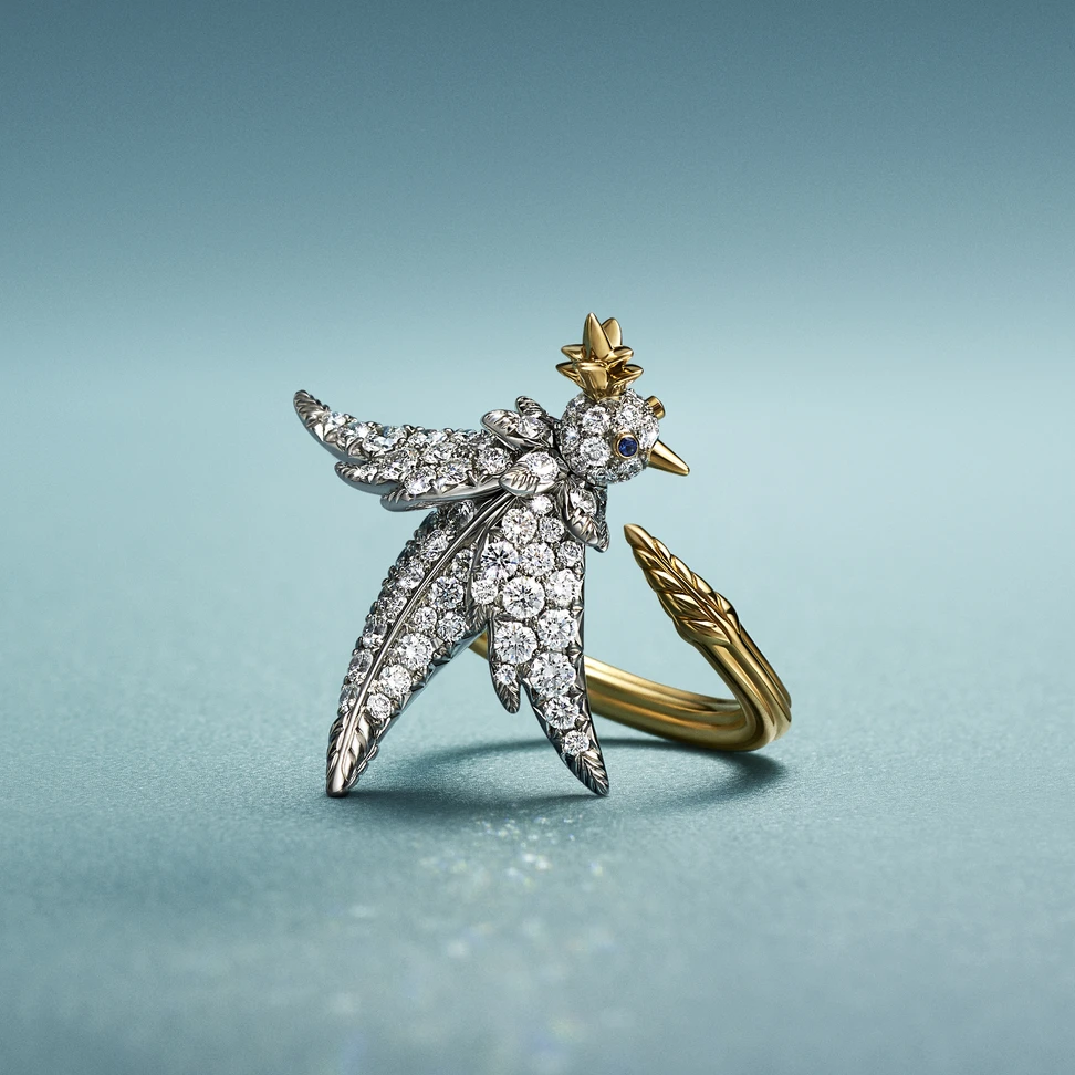 <p>Bird on a Rock by Tiffany ring in platinum and 18k yellow gold with diamonds and sapphire accents</p>
