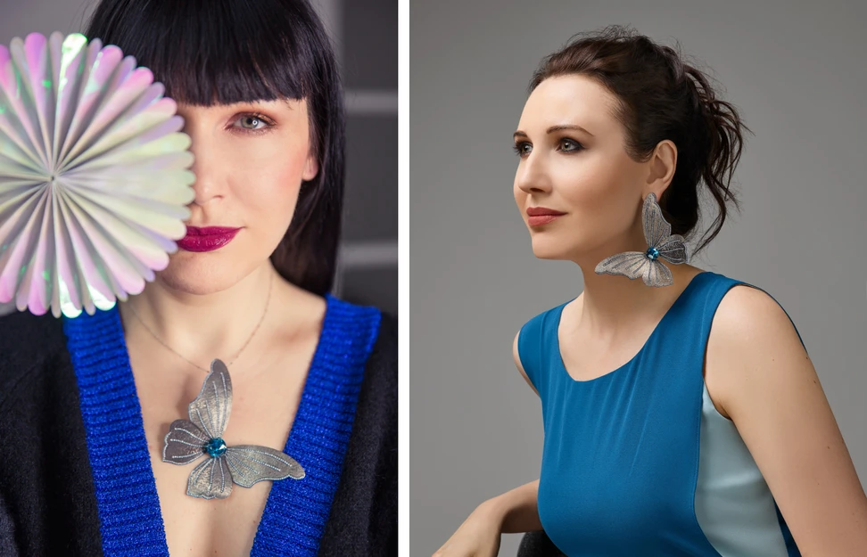 <p>Katerina Perez wearing her blue zircon, diamond and titanium butterfly as both an earring and a pendant</p>
