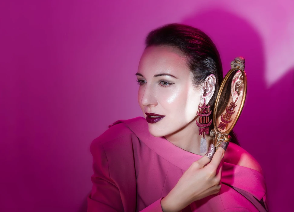 <p>Lydia Courteille Pagoda earrings in 18k gold and titanium with 452 rubies of 14.95 carats, two rubellites and two jades</p>
