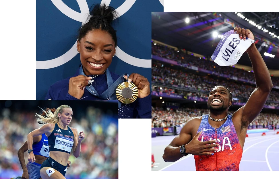 <p>Keely Hodgkinson, Simone Biles and Noah Lyles showing off their jewels at the 2024 Olympic games in Paris</p>
