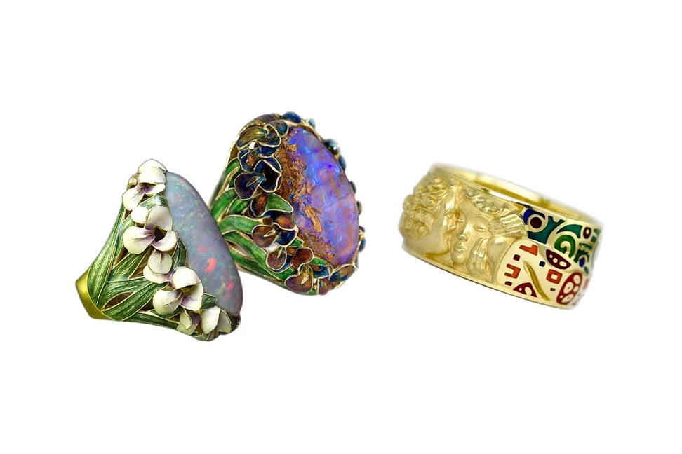 <p>LEFT: Ilgiz F. Iris rings inspired by the flowers from Monet paintings; RIGHT: Cellini studio ring inspired by Gustav Klimt’s painting</p>