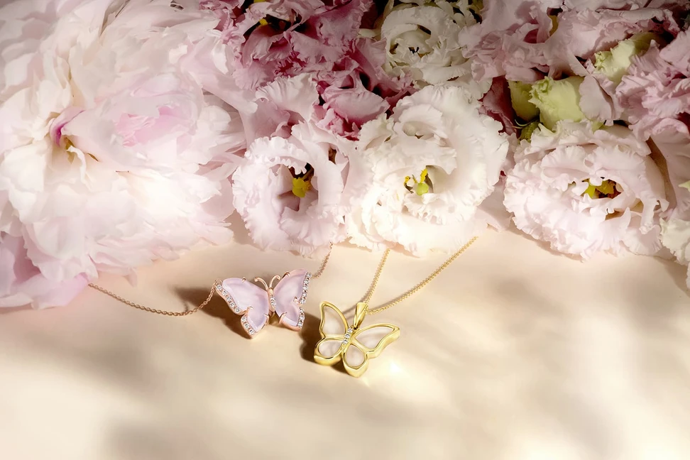 <p>Le Vian butterfly pendant necklaces with mother of pearl and rose quartz in gold</p>
