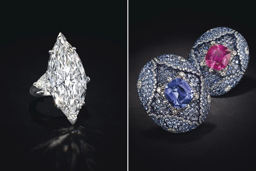 <p>Left: 16.69 cts marquise cut D-colour diamond ring. Right: Carnet earrings with rubellites, tanzanites, sapphires and diamonds</p>
