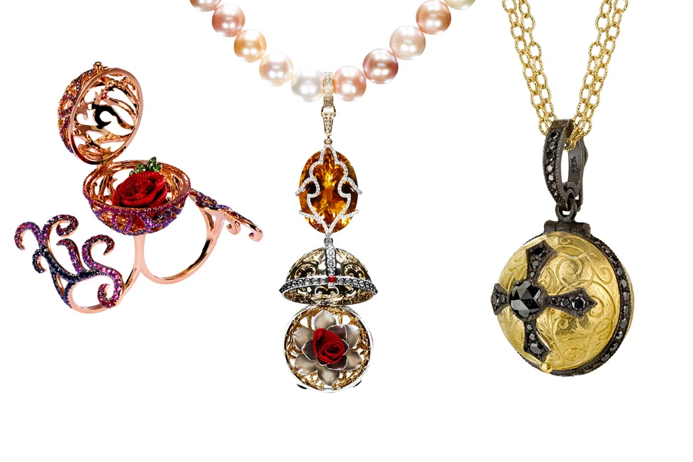 <p>Left: Dionea Orcini ring and necklace from Il Profume collection, right: Arman Sarkisyan gold and diamond pendant</p>