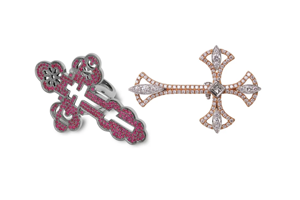 <p>Left: Lydia Courteille cross ring. Right: Plukka diamond ring with a detacheable cross</p>
