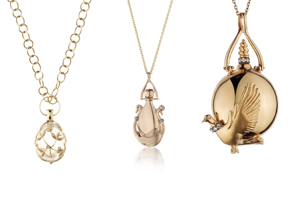 <p>Left: Temple St Clair Vine Amulet; right: Melie Jewellery pendants in yellow and rose gold from Scent of Love collection</p>