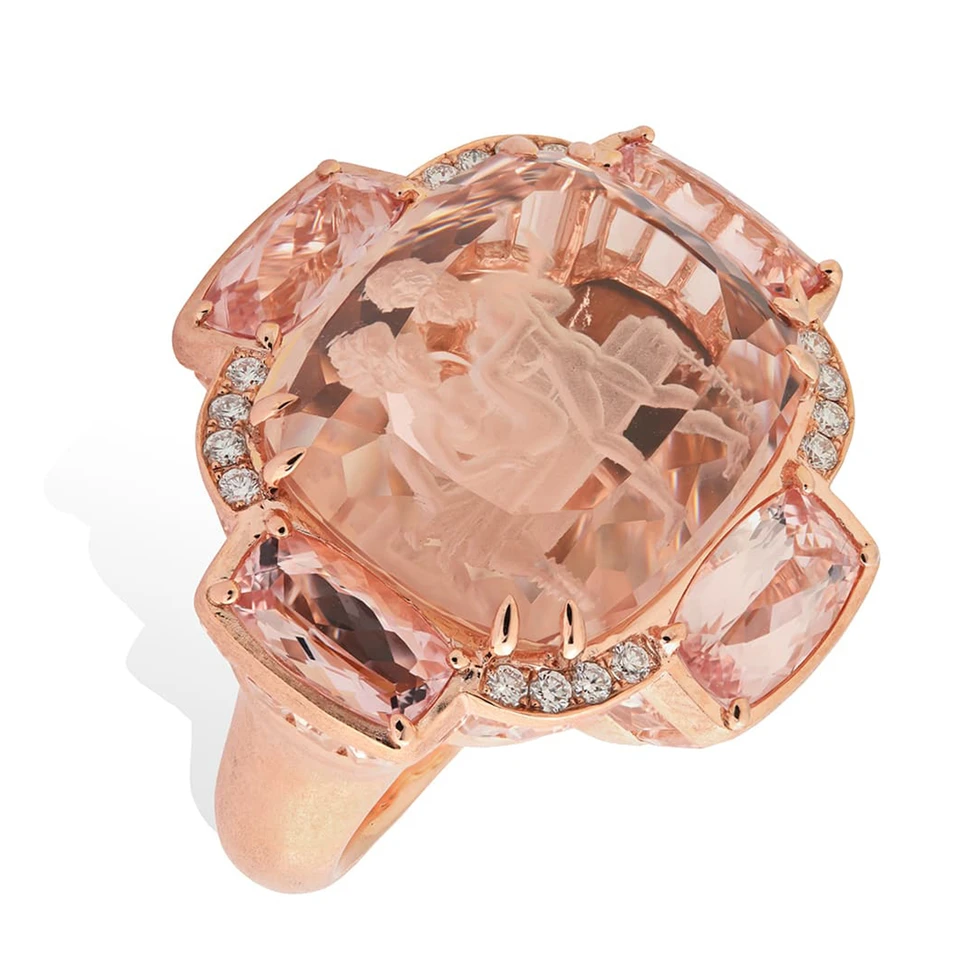 <p>Lydia Courteille La Vie en Rose collection ring with 18.84ct intaglio morganite, diamonds and accenting morganite in rose gold</p>
