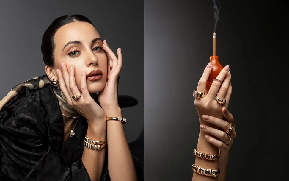 <p>A model wears pieces from the Marceline Paris Akasha collection, set with diamonds in 18k gold </p>
