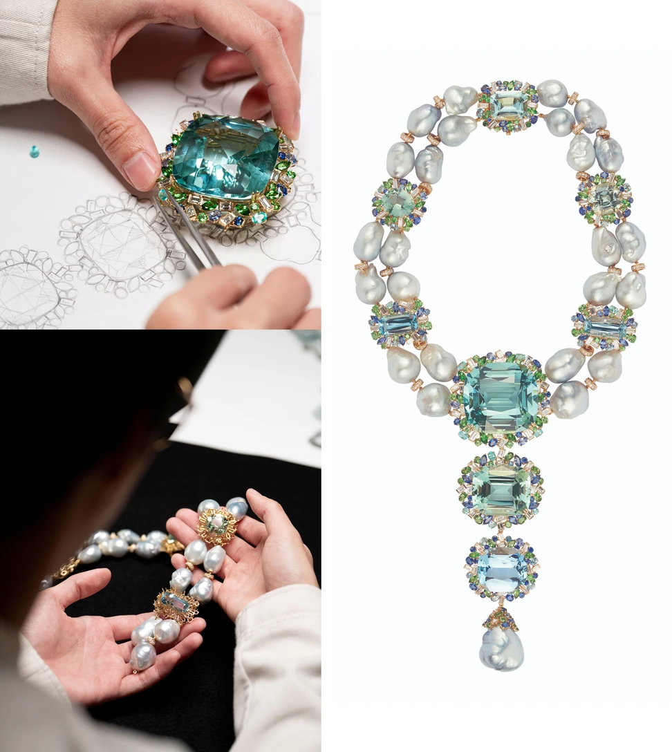 <p>Margot McKinney Marina Collier with a 241.14-carat green beryl, a 65.72-carat aquamarine, green tourmaline, 25 rare baroque Australian South Sea pearls, diamonds, sapphires, aquamarines, Paraiba tourmalines and tsavorites to be presented at TEFAF Maastricht 2025</p>
