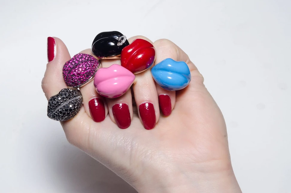 <p>Mattioli &#8216;Arte&#8217; collection rings with enamel, rubies, colourless and black diamonds</p>
