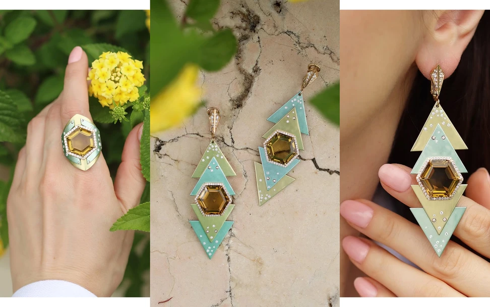 <p>Mayiana MY Autumn ring with a 13.60-carat citrine and diamonds in 18k yellow gold and green aluminium, alongside the MY Autumn earrings with two octagonal citrines totalling 27 carats and 1.17 carats of diamonds, also in 18k gold and green aluminium </p>