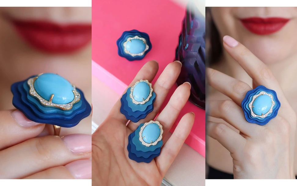 <p>Katerina Perez showcases the Mayiana MY Ocean ring and matching earrings with large turquoise cabochons and diamonds in 18k yellow gold and shades of blue aluminium</p>