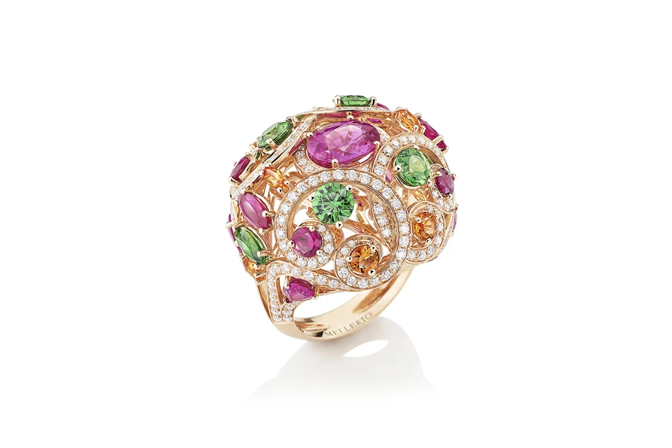 <p>Mellerio dits Meller ‘Millerfiora’ ring from the ‘Isola Bella’ collection in pink sapphires, spessarite garnets, green tsavorites and diamonds</p>