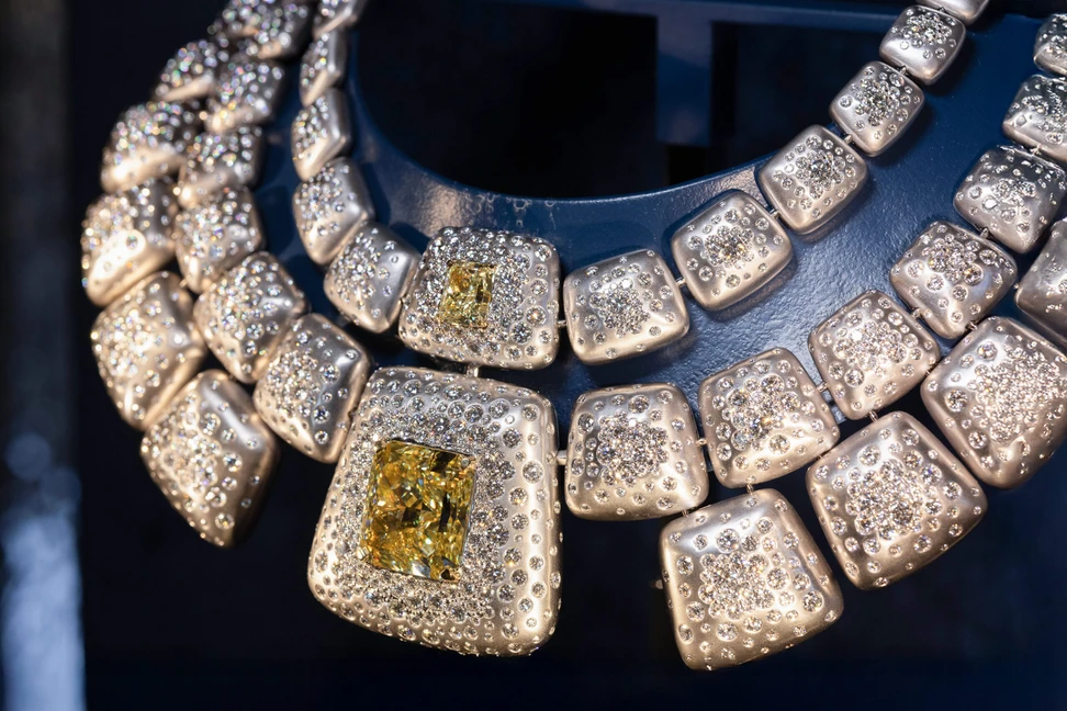 <p>Messika Kalahara necklace with a radiant-cut VVS1 fancy intense yellow diamond of 34.92 carats and a radiant-cut fancy yellow internally flawless diamond of 3.61 carats, surrounded by 3,298 diamonds with a total weight of 103.30 carats, part of the Terres d’Instinct High Jewellery collection</p>
