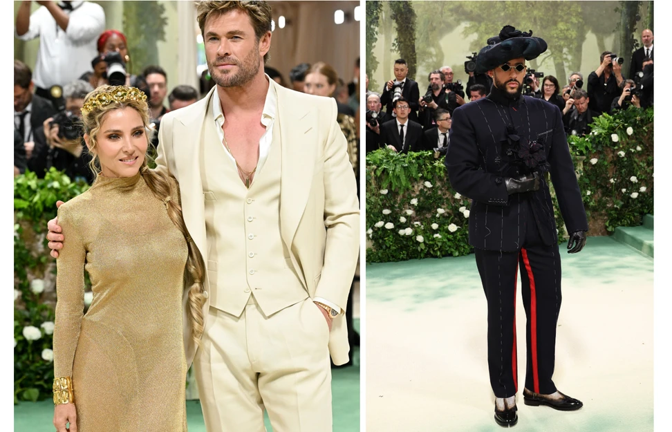 <p>Met Gala 2024 co-chairs Chris Hemsworth with his wife Elsa Pataky and Bad Bunny arrive on the green carpet for the evening </p>