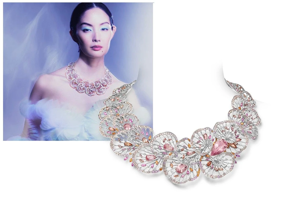 <p>Mikimoto Coral high jewellery necklace in white gold, morganite, topaz, garnet, sapphire and diamond from the Praise to the Sea collection</p>