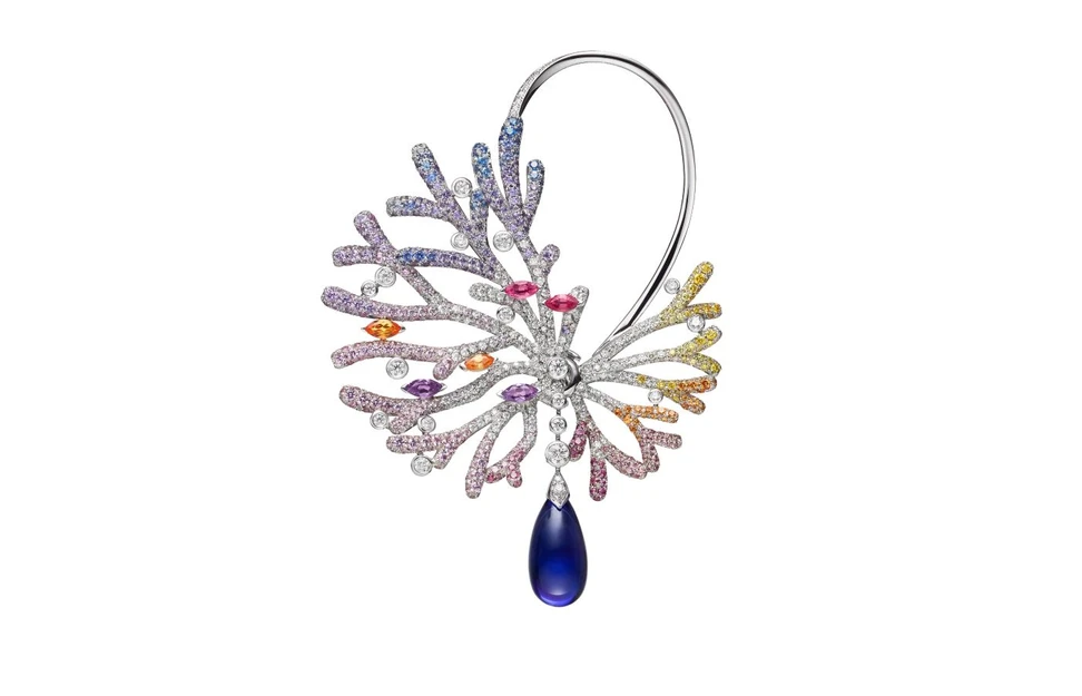 <p>Mikimoto Sea Anemone high jewellery earring in white gold, tanzanite, sapphire, garnet, spinel and diamond from the Praise to the Sea collection</p>
