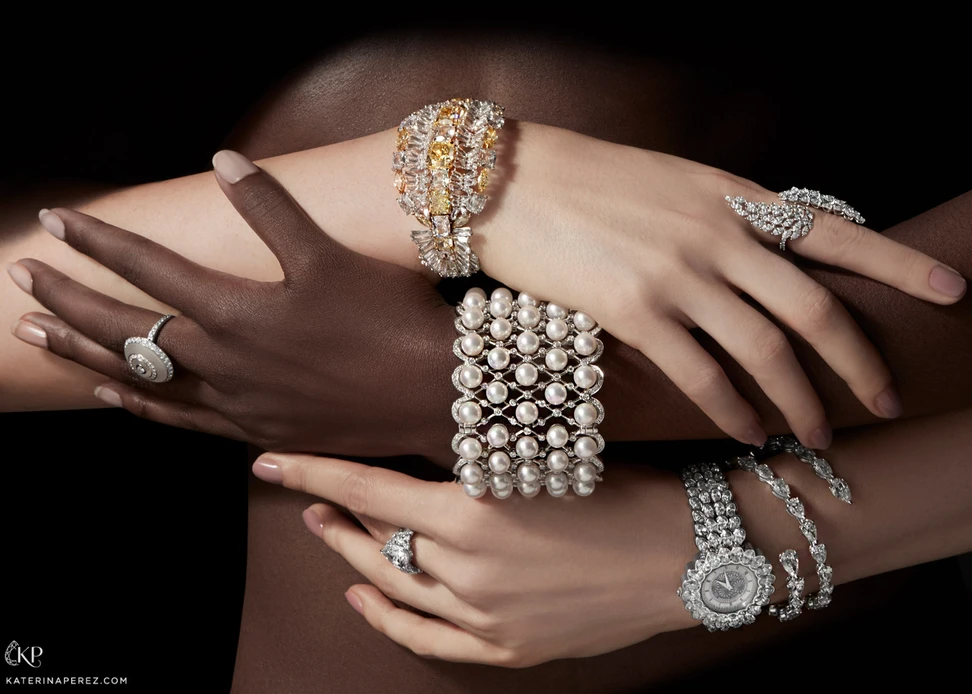 <p>Clockwise from top to centre: Moussaieff cuff with 26.75ct fancy yellow diamonds and 48.02ct colourless diamonds, Messika ‘Angel’ Toi & Moi ring with diamonds, Mousaieff bracelet with 34.90ct pear cut diamonds, David Morris watch with diamonds and mother of pearl dial, De Beers ‘London’ ring from the ‘Thames Path’ collection with pear cut feature diamond and accenting diamonds, Boucheron ‘Soliel Radiant’ ring with diamonds and 18k white gold, YOKO London cuff with Akoya pearls and 10.41ct diamonds</p>