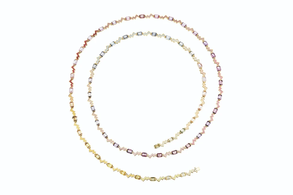 <p>NUUN ‘El Hada’ collection ‘Thunderbolt’ necklace with 60.00ct step cut multiple fancy coloured sapphires, and multicoloured hand-painted lacquer</p>
