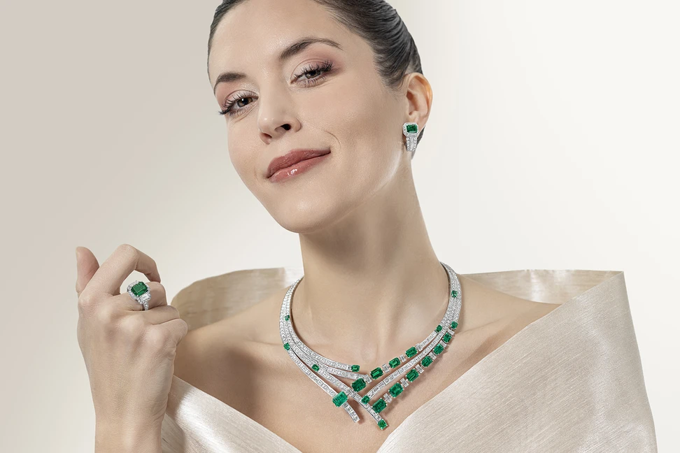 <p>A model wears the Picchiotti Emerald Wonder necklace from the Picchiotti Classics collection with octagonal-shaped vivid green Zambian emeralds of more than 27 carats, alongside baguette-cut diamonds and 16.02 carats of round brilliant-cut diamonds, set in 18k white gold </p>