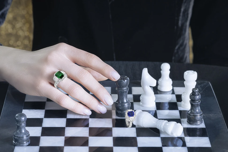 <p>Picchiotti Xpandable cocktail rings, including an octagonal-shaped Zambian emerald of 5.27 carats, set alongside baguette-cut diamonds of 2.02 carats and round brilliant-cut diamonds and an octagonal-shaped Sri Lankan cornflower blue sapphire of 3.72 carats, baguette-cut diamonds and round brilliant-cut diamonds, both in 18k white gold </p>