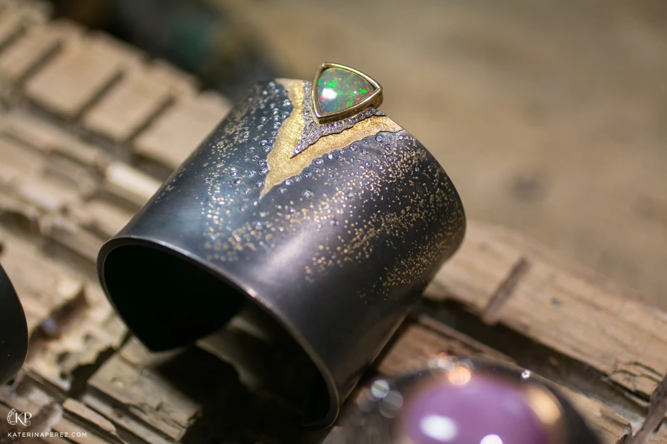 <p>Philippe Pfeiffer cuff bracelet in opal, diamonds, gold and silver</p>