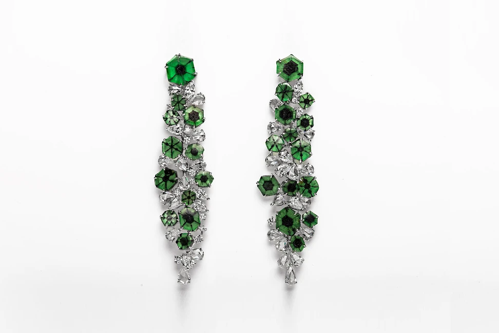 <p>Qiu Fine Jewellery earrings from the ‘Shanghai/Shanghai’ collection with 21.21ct of trapiche emeralds and rose, marquise and pear cut diamonds</p>