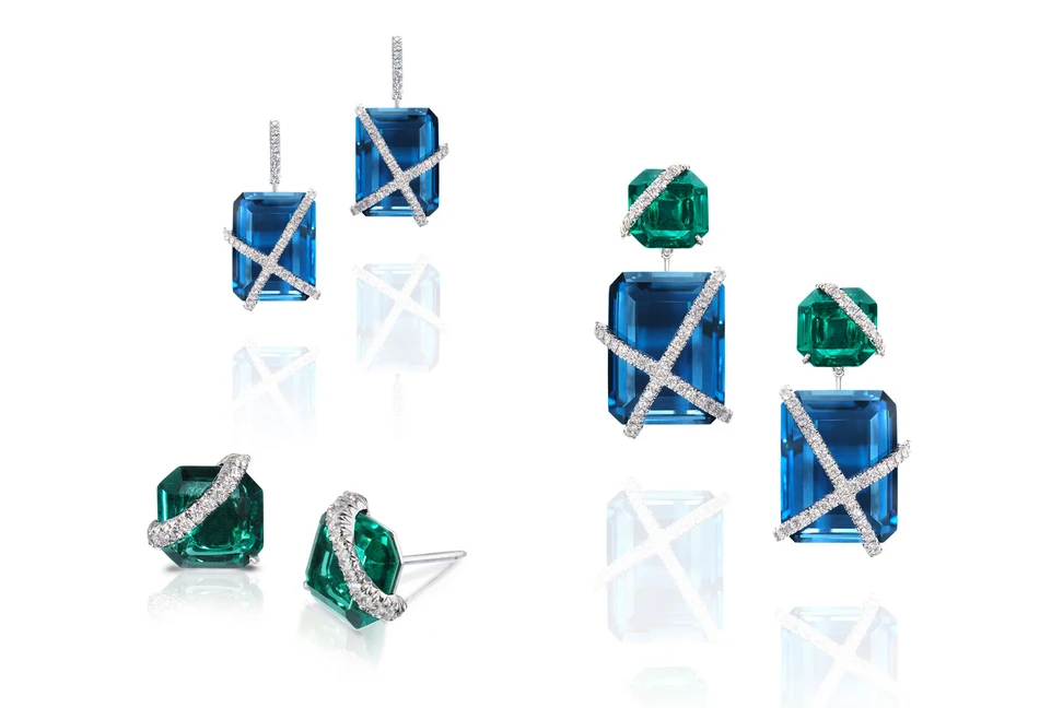 <p>Rachael Sarc Leigh earrings with blue topaz, green quartz and diamonds</p>