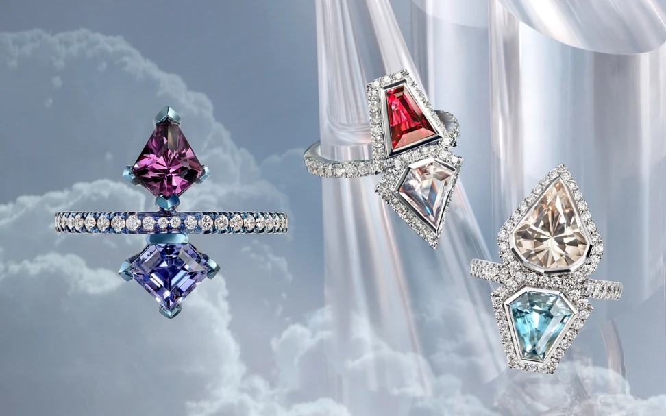 <p>Sabine Roemer Calm & Peace, Unstoppable Fire and Go Deep to Rise rings in white gold, blue rhodium, spinel, sapphire, zircon, morganite and diamond from the Superwoman rings collection</p>