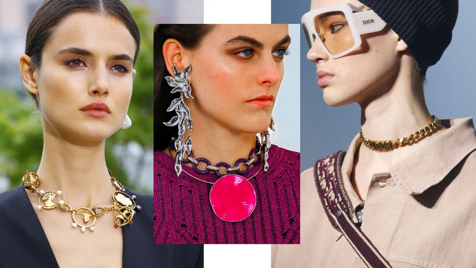 <p>From left to right: Spring/Summer 2019 catwalk jewellery from Oscar de la Renta, Chloé and Dior</p>