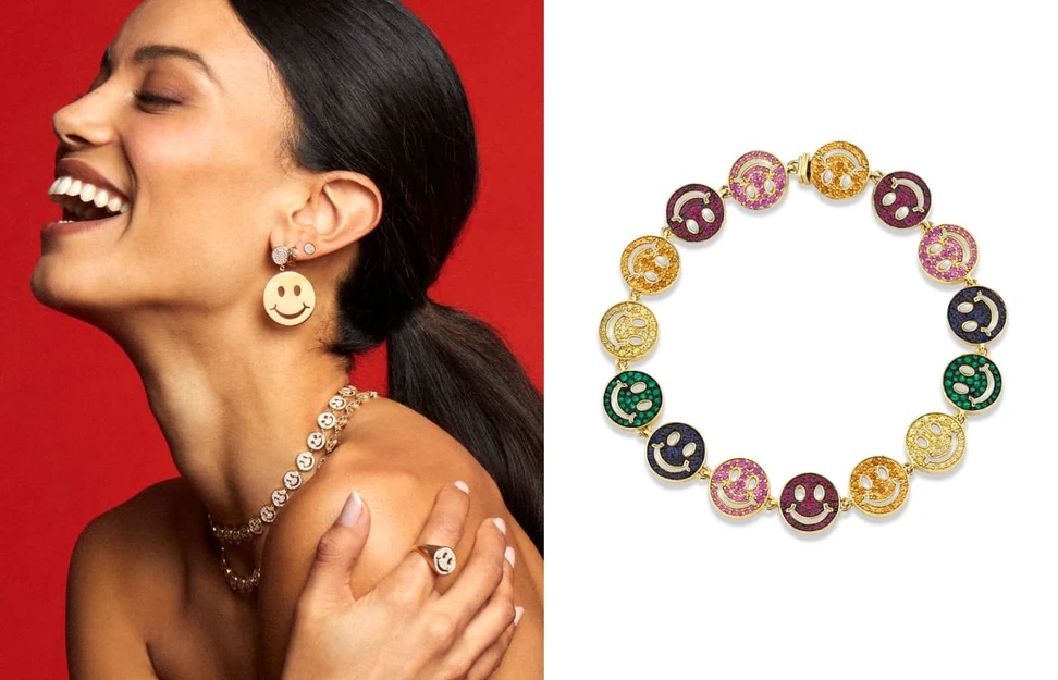 <p>Sydney Evan smiley face jewels in gold, coloured gemstones and diamonds</p>