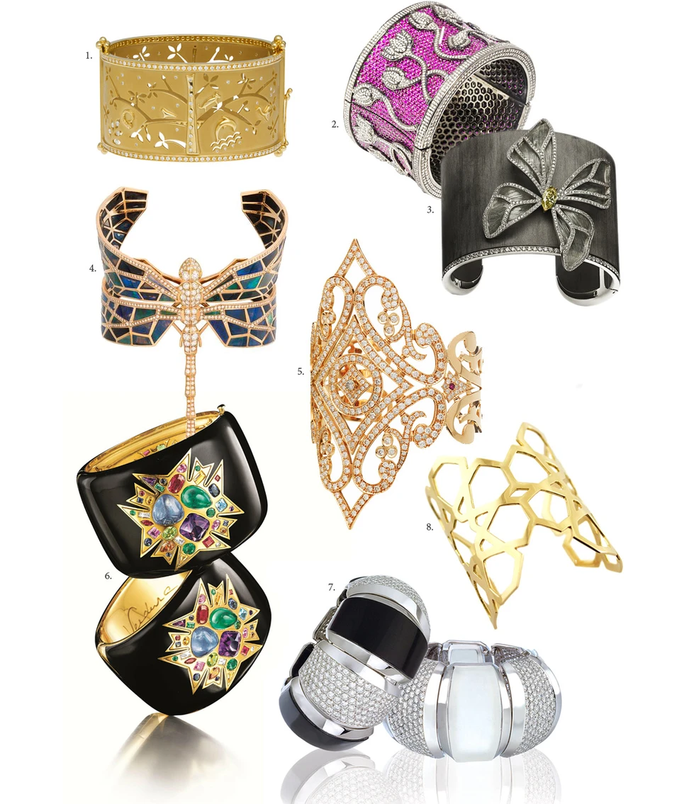 <p>1. Temple St.Clair yellow gold and diamonds cuff; 2. Amrapali pink sapphire and diamond bracelet; 3. DOME carbon fiber set in white gold and diamond cuff; 4. NUUN Dragonfly bracelet with carved opal and diamonds set in rose gold; 5. Dori Mouzannar for A&W Mouzannar diamond bracelet set in rose gold; 6. Verdura Theodora cuffs in 18k gold with enamel and multi-coloured gemstones; 7. Hammerman Brothers cuffs with frosted quartz, onyx and diamonds set in white gold; 8. Ralph Masri 18K yellow gold Arabesque Deco cuff</p>